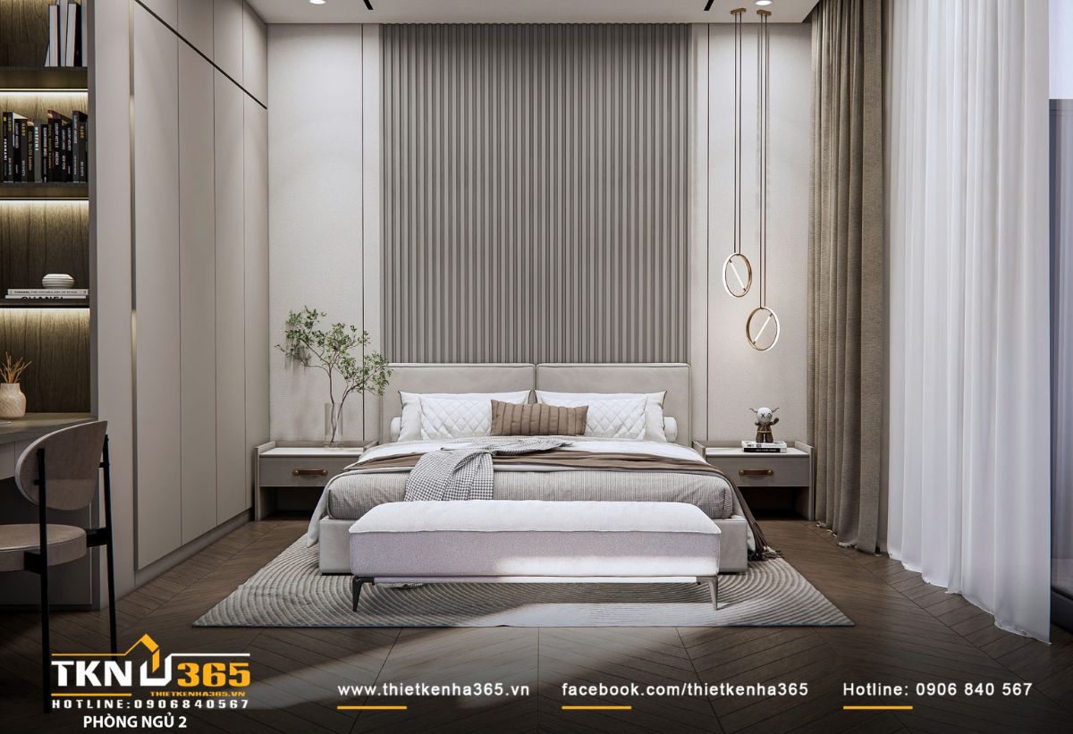 Phòng ngủ thứ hai thiết kế theo phong cách tối giản với giường ngủ và tủ đầu giường cân đối