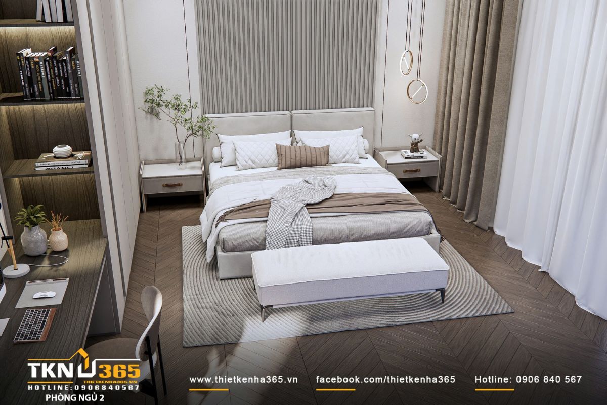 Khu vực làm việc tích hợp liền tường kết hợp kệ mở, tăng tính tiện dụng trong sử dụng hàng ngày