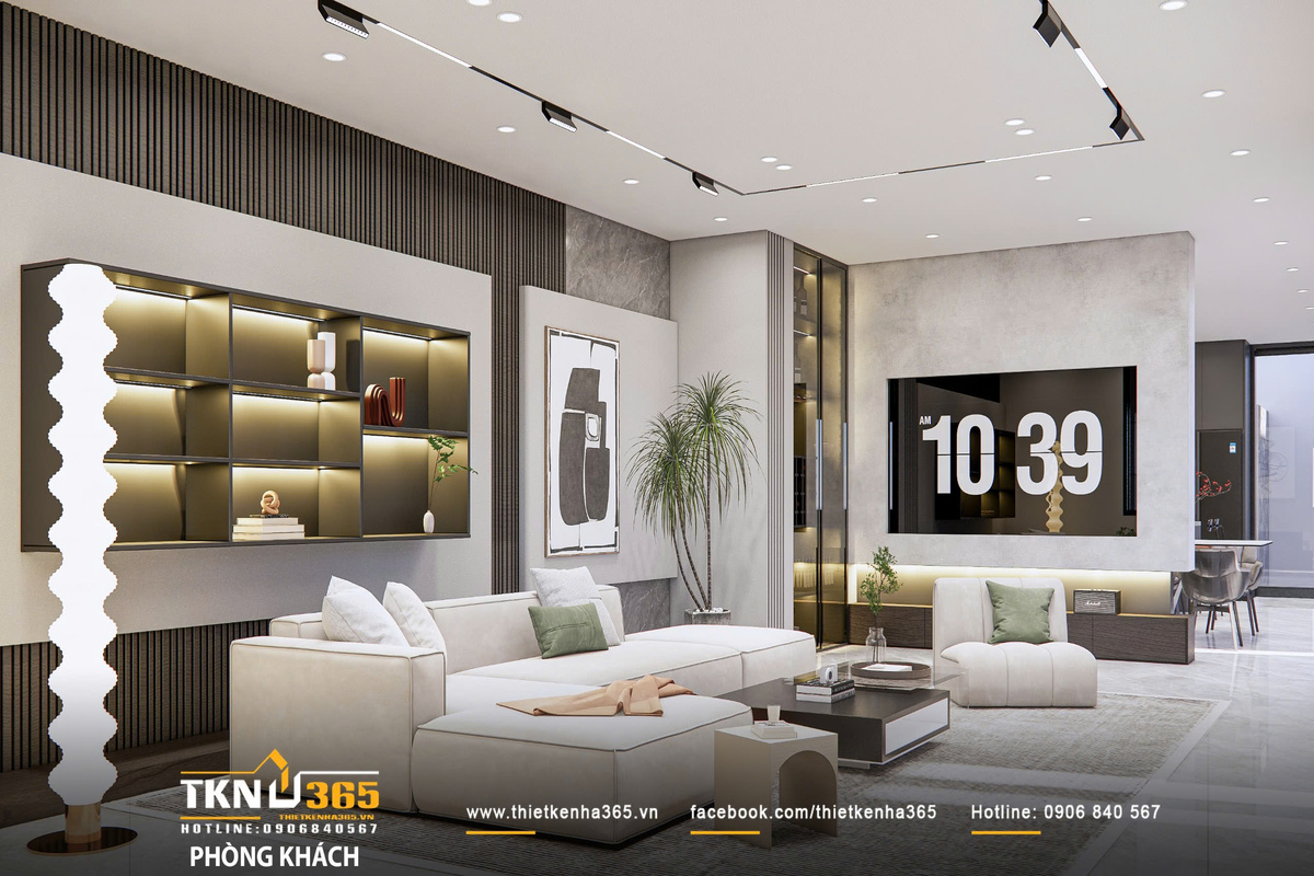 Mảng tường TV ốp đá - gỗ kết hợp đèn LED âm tạo điểm nhấn chiều sâu tinh tế