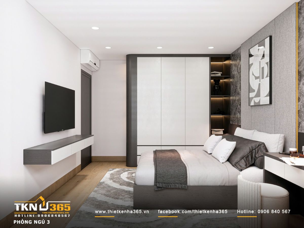 Khu vực học tập được thiết kế gọn gàng bên cạnh giường ngủ, đảm bảo công năng mà không làm rối không gian