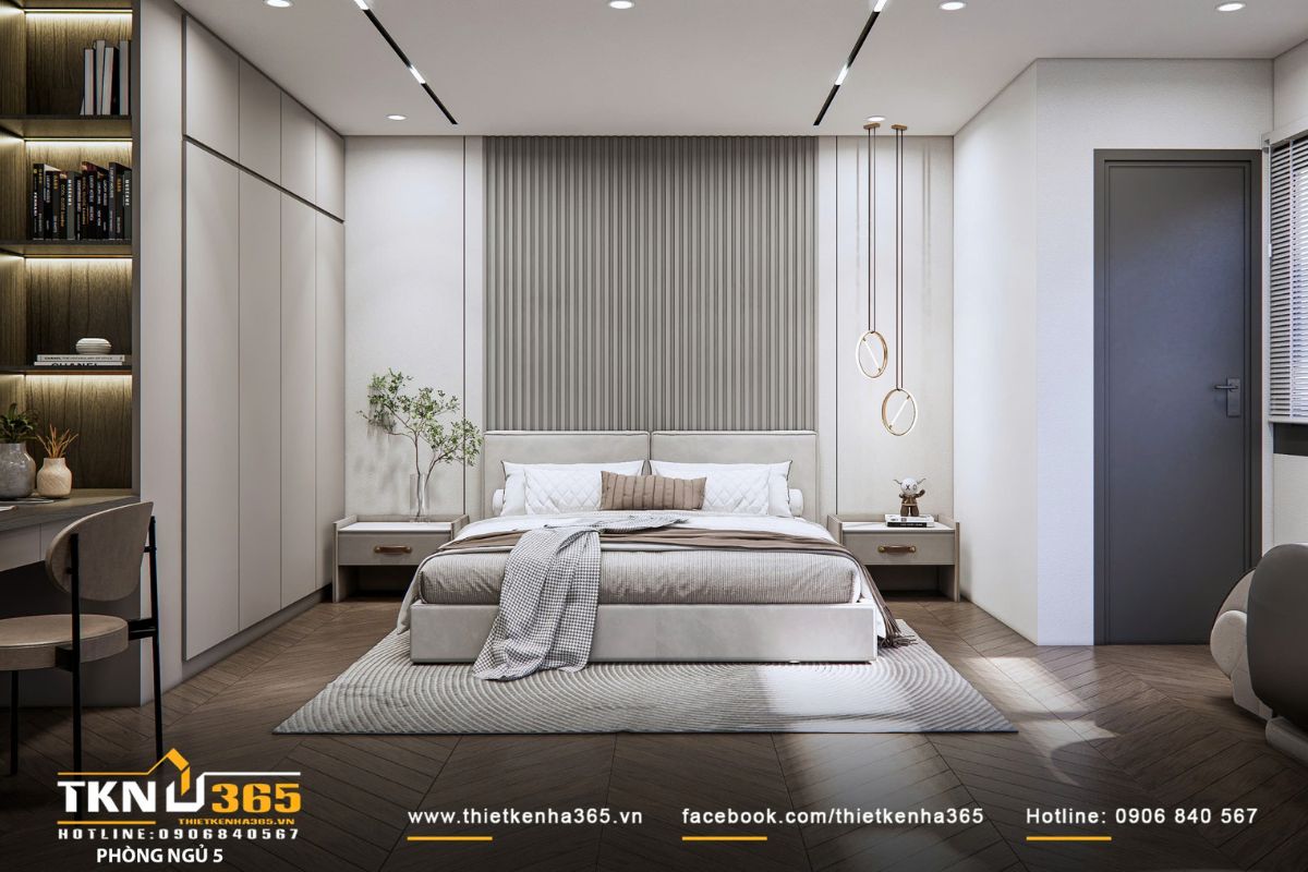 Phòng ngủ giữ bảng màu trung tính kết hợp vách đầu giường ốp nan, tạo điểm nhấn nhẹ nhàng và cân đối
