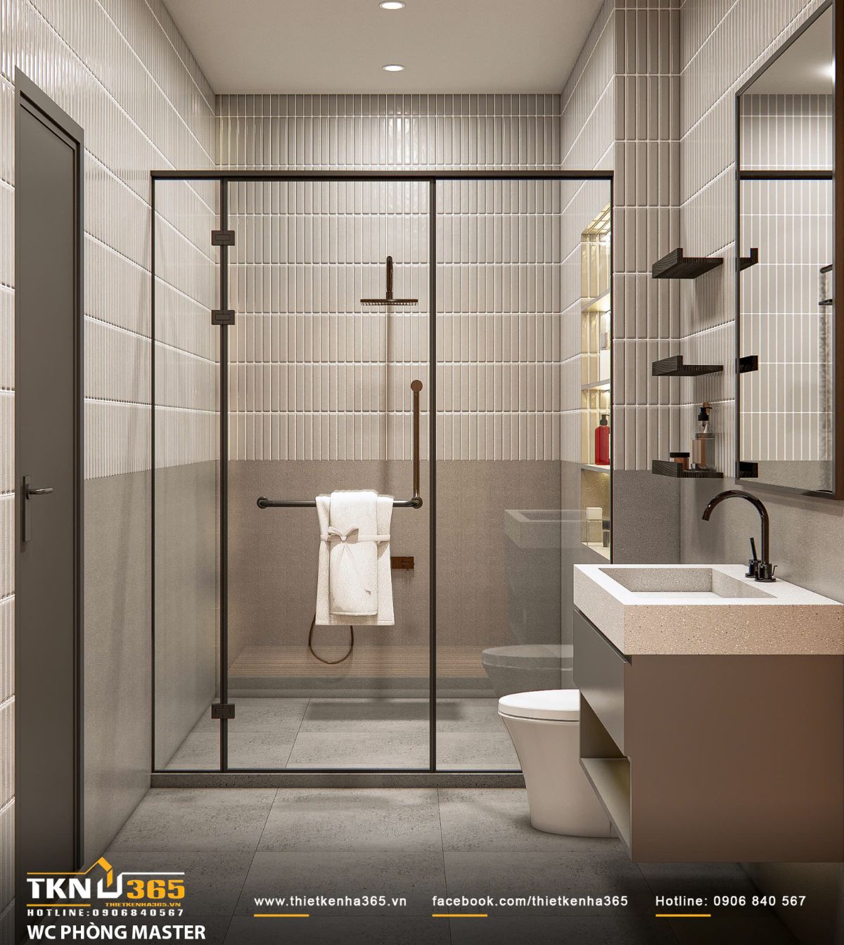 Hệ lavabo treo kết hợp kệ mở và ánh sáng âm giúp tăng tiện ích và giữ tổng thể luôn sạch sẽ