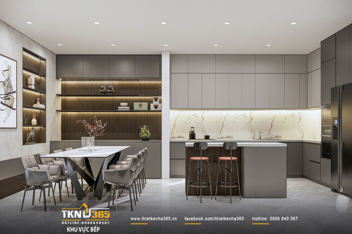 Khu bếp - ăn thiết kế liền mạch với phòng khách, tạo cảm giác thông thoáng và thuận tiện trong sinh hoạt