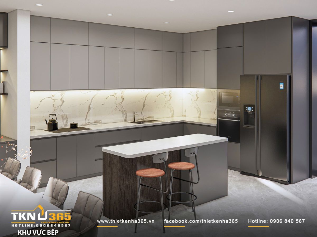 Bề mặt đá vân mây sáng màu kết hợp hệ tủ trung tính mang lại vẻ đẹp tinh tế, sạch sẽ