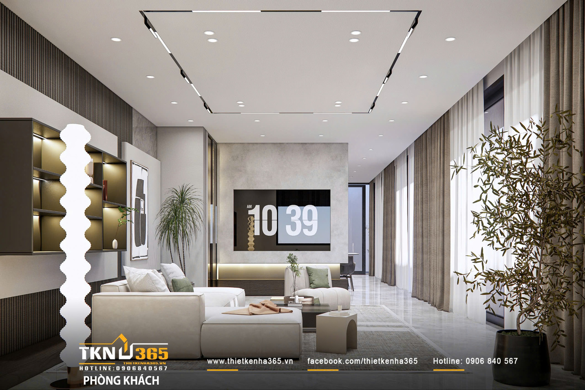 Thiết kế nội thất biệt thự phố 2 tầng H’S House : Không gian sống cân bằng giữa tiện nghi và vi khí hậu 13 Không gian phòng khách mở theo trục ánh sáng, kết nối trực tiếp với bên ngoài, tạo cảm giác rộng rãi và liền mạch trong tổng thể