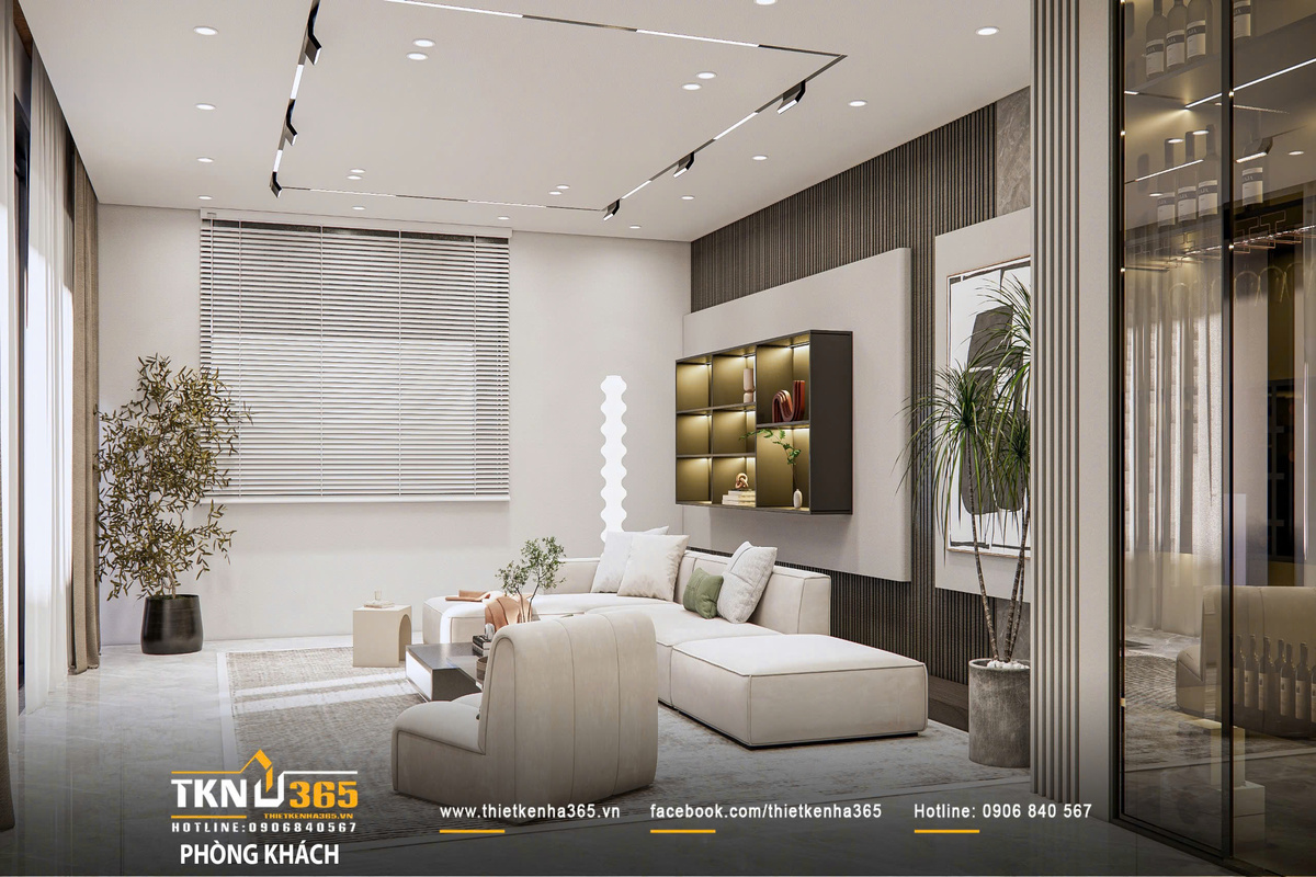 Thiết kế nội thất biệt thự phố 2 tầng H’S House : Không gian sống cân bằng giữa tiện nghi và vi khí hậu 16 Ánh sáng tự nhiên được lọc qua lớp rèm hai lớp, kết hợp hệ đèn trần bố trí theo lớp giúp không gian luôn duy trì trạng thái dịu nhẹ, ổn định