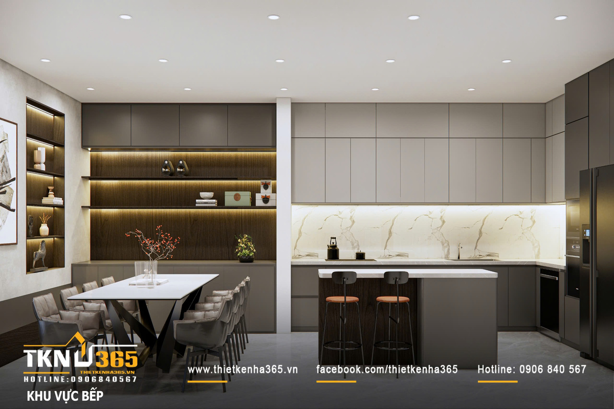 Thiết kế nội thất biệt thự phố 2 tầng H’S House : Không gian sống cân bằng giữa tiện nghi và vi khí hậu 17 Khu bếp sử dụng hệ tủ phẳng với bảng màu xám - be trung tính, tạo nên tổng thể gọn gàng và đồng nhất