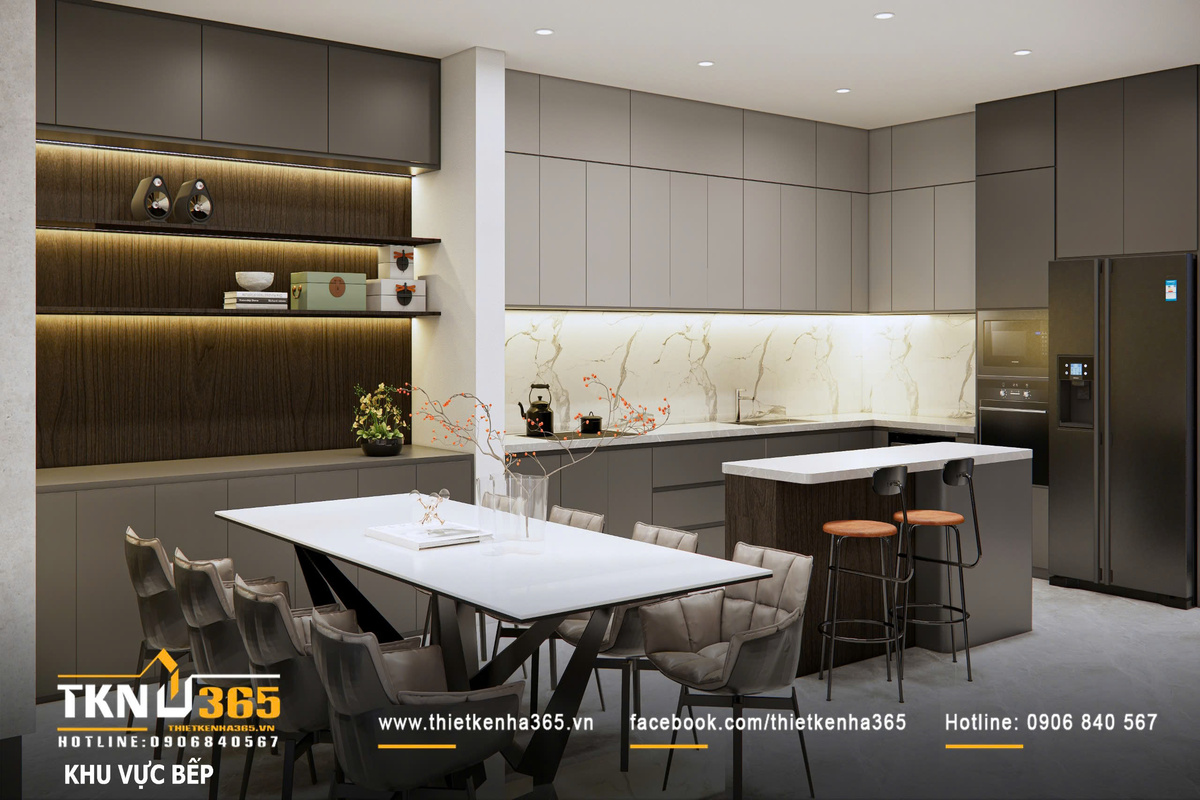 Thiết kế nội thất biệt thự phố 2 tầng H’S House : Không gian sống cân bằng giữa tiện nghi và vi khí hậu 18 Mặt đá sáng vân nhẹ chạy xuyên suốt từ backsplash đến mặt bàn giúp không gian liền mạch, đồng thời dễ vệ sinh trong quá trình sử dụng