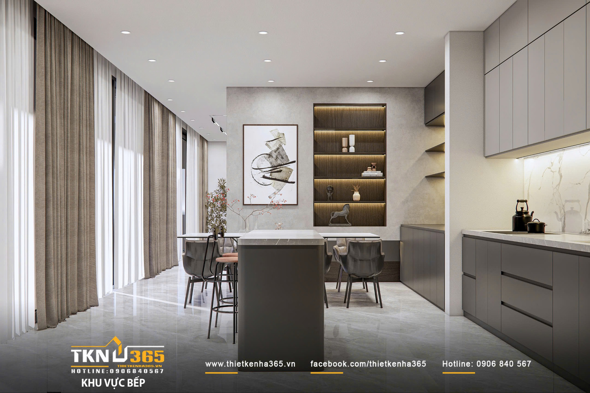 Thiết kế nội thất biệt thự phố 2 tầng H’S House : Không gian sống cân bằng giữa tiện nghi và vi khí hậu 19 Đảo bếp đặt tại trung tâm đóng vai trò chuyển tiếp, vừa hỗ trợ chuẩn bị thức ăn vừa hoạt động như một quầy bar