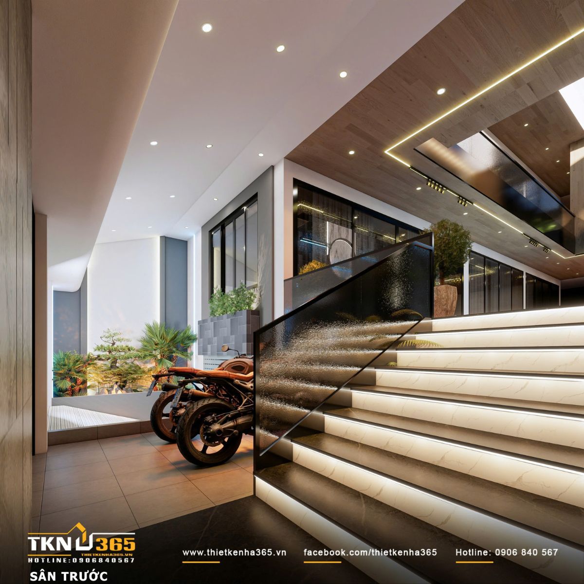 Thiết kế nội thất biệt thự phố 2 tầng H’S House : Không gian sống cân bằng giữa tiện nghi và vi khí hậu 2 Cầu thang kết hợp ánh sáng hắt và vật liệu gỗ - đá đóng vai trò dẫn dắt, kết nối không gian đệm với bên trong một cách liền mạch