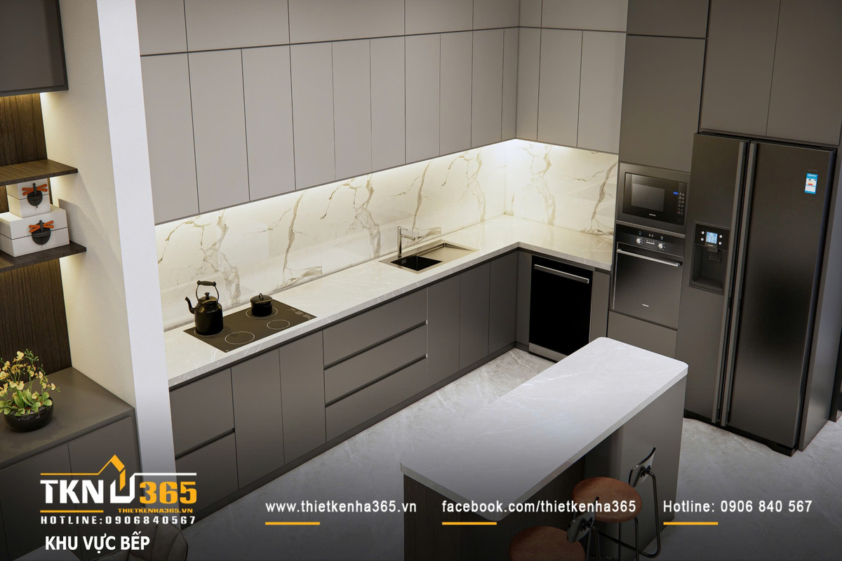 Thiết kế nội thất biệt thự phố 2 tầng H’S House : Không gian sống cân bằng giữa tiện nghi và vi khí hậu 22 Ánh sáng được xử lý theo lớp từ đèn LED âm trần đến đèn hắt, giúp không gian bếp - ăn duy trì cảm giác ấm áp và dễ chịu