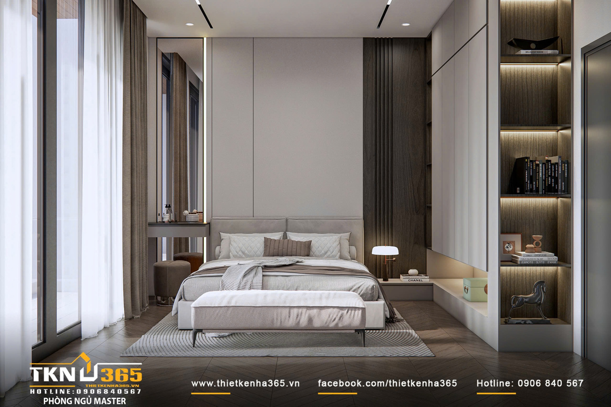 Thiết kế nội thất biệt thự phố 2 tầng H’S House : Không gian sống cân bằng giữa tiện nghi và vi khí hậu 23 Phòng ngủ master sử dụng bảng màu be - xám - nâu gỗ, tạo nên nền không gian trung tính và ổn định cho cảm giác nghỉ ngơi