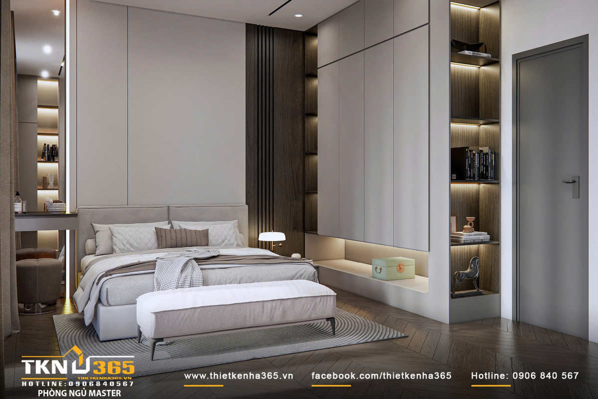Thiết kế nội thất biệt thự phố 2 tầng H’S House : Không gian sống cân bằng giữa tiện nghi và vi khí hậu 24 Hệ tủ kịch trần kết hợp các mảng mở có đèn hắt giúp tăng chiều sâu thị giác, giữ tổng thể luôn gọn gàng và tiết chế