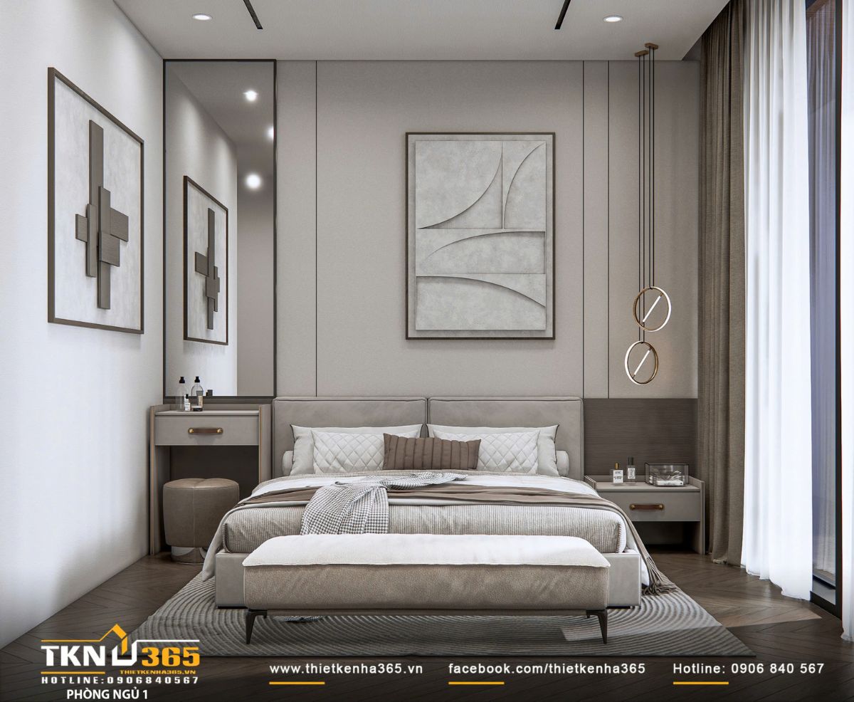 Thiết kế nội thất biệt thự phố 2 tầng H’S House : Không gian sống cân bằng giữa tiện nghi và vi khí hậu 26 Giường ngủ đặt tại trung tâm theo trục cân đối, kết hợp mảng đầu giường ốp panel và tranh treo tạo điểm nhấn nhẹ nhàng