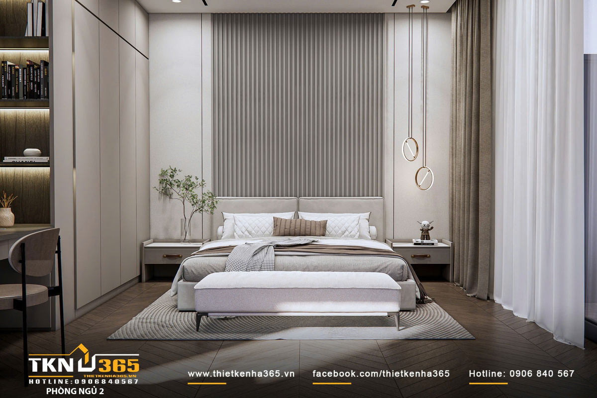Thiết kế nội thất biệt thự phố 2 tầng H’S House : Không gian sống cân bằng giữa tiện nghi và vi khí hậu 30 Giường ngủ đặt theo trục đối xứng, kết hợp mảng tường đầu giường thiết kế dạng nan dọc và đèn thả tạo điểm nhấn tinh tế