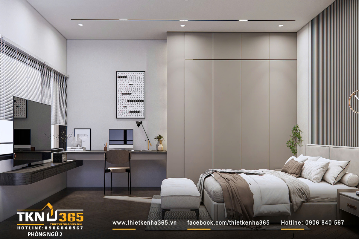 Thiết kế nội thất biệt thự phố 2 tầng H’S House : Không gian sống cân bằng giữa tiện nghi và vi khí hậu 31 Hệ tủ kịch trần phẳng, màu trung tính giúp không gian luôn gọn gàng, đồng thời tối ưu hóa khả năng lưu trữ cho nhu cầu sử dụng lâu dài