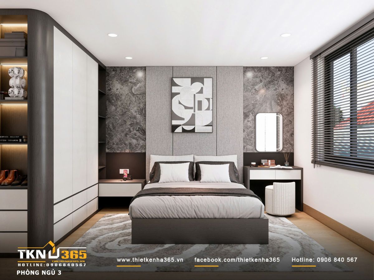 Thiết kế nội thất biệt thự phố 2 tầng H’S House : Không gian sống cân bằng giữa tiện nghi và vi khí hậu 33 Mảng tường đầu giường kết hợp vật liệu vải và đá vân nhẹ tạo lớp nền êm dịu, giúp không gian giữ được chiều sâu mà vẫn nhẹ nhàng