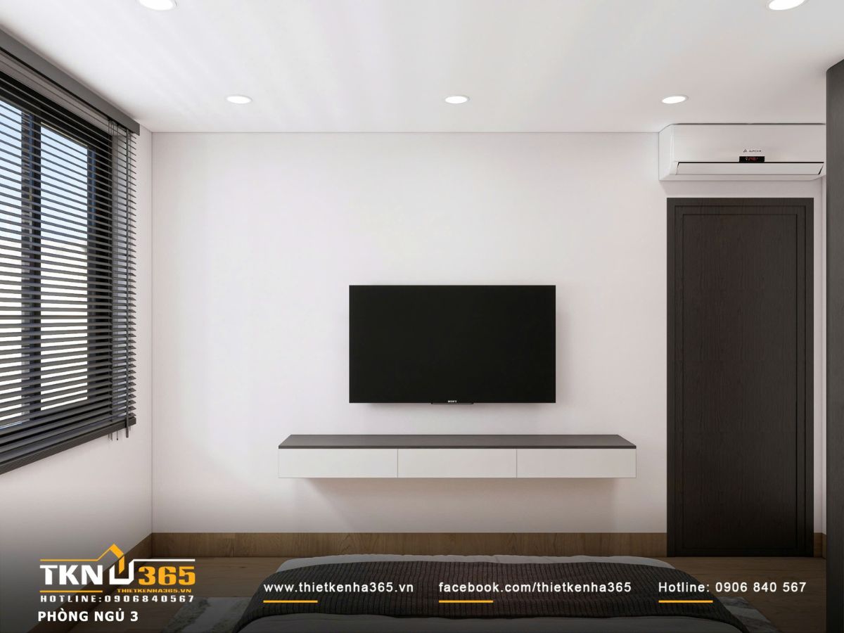 Thiết kế nội thất biệt thự phố 2 tầng H’S House : Không gian sống cân bằng giữa tiện nghi và vi khí hậu 36 Kệ TV treo gọn gàng, thiết kế tối giản giúp giải phóng mặt sàn, giữ cho không gian luôn thoáng và dễ vận hành