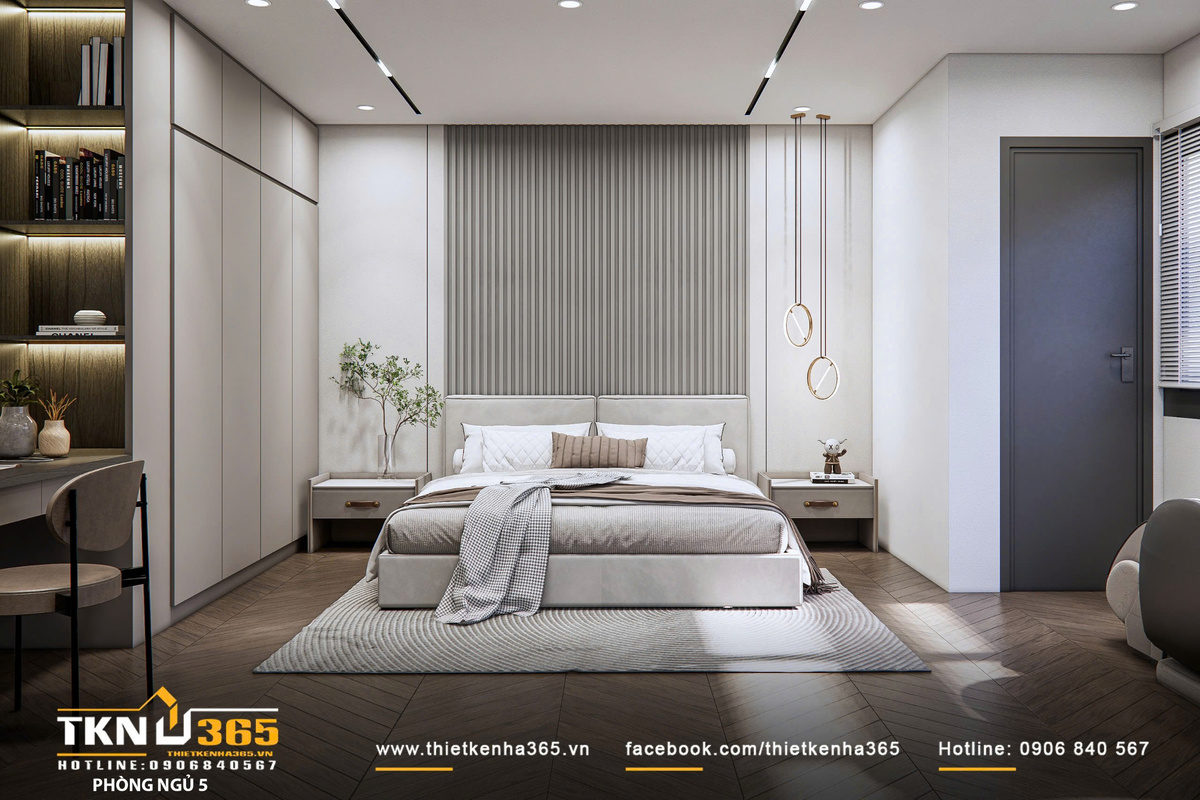Thiết kế nội thất biệt thự phố 2 tầng H’S House : Không gian sống cân bằng giữa tiện nghi và vi khí hậu 37 Giường ngủ đặt ở vị trí trung tâm gây ấn tượng với mảng ốp nan dọc phía sau giúp tạo nhịp điệu thị giác, làm mềm không gian bằng bảng màu be - kem dịu nhẹ