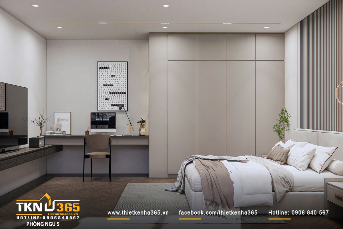 Thiết kế nội thất biệt thự phố 2 tầng H’S House : Không gian sống cân bằng giữa tiện nghi và vi khí hậu 38 Hệ tủ kịch trần phẳng, tay nắm ẩn giữ tổng thể gọn gàng, kết hợp bàn làm việc kéo dài theo tường tối ưu công năng sử dụng hằng ngày