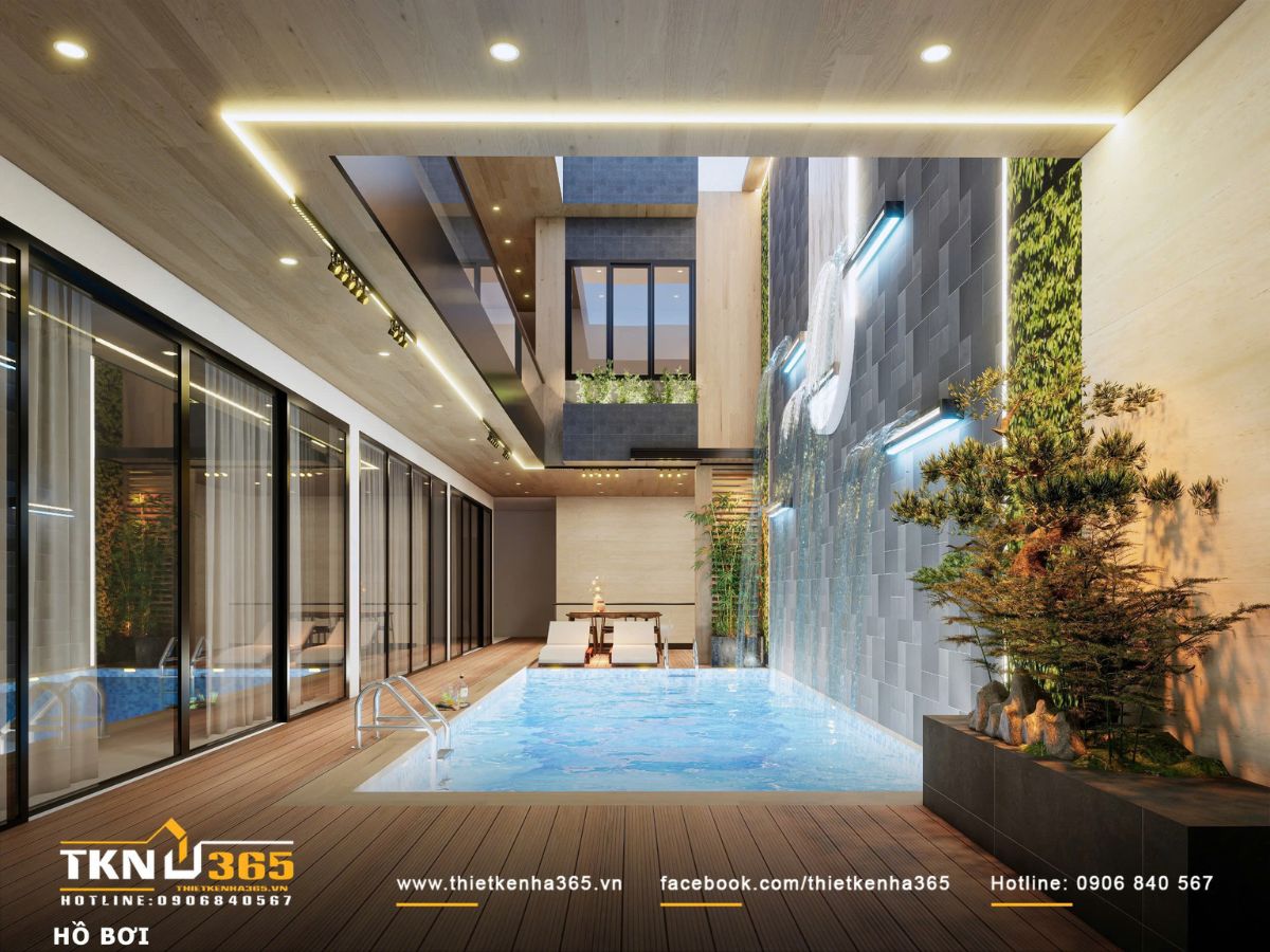 Thiết kế nội thất biệt thự phố 2 tầng H’S House : Không gian sống cân bằng giữa tiện nghi và vi khí hậu 4 Hồ bơi đặt tại lõi công trình trở thành “lá phổi” trung tâm, cho phép nước, ánh sáng và vật liệu cùng tham gia vào quá trình làm mát tự nhiên