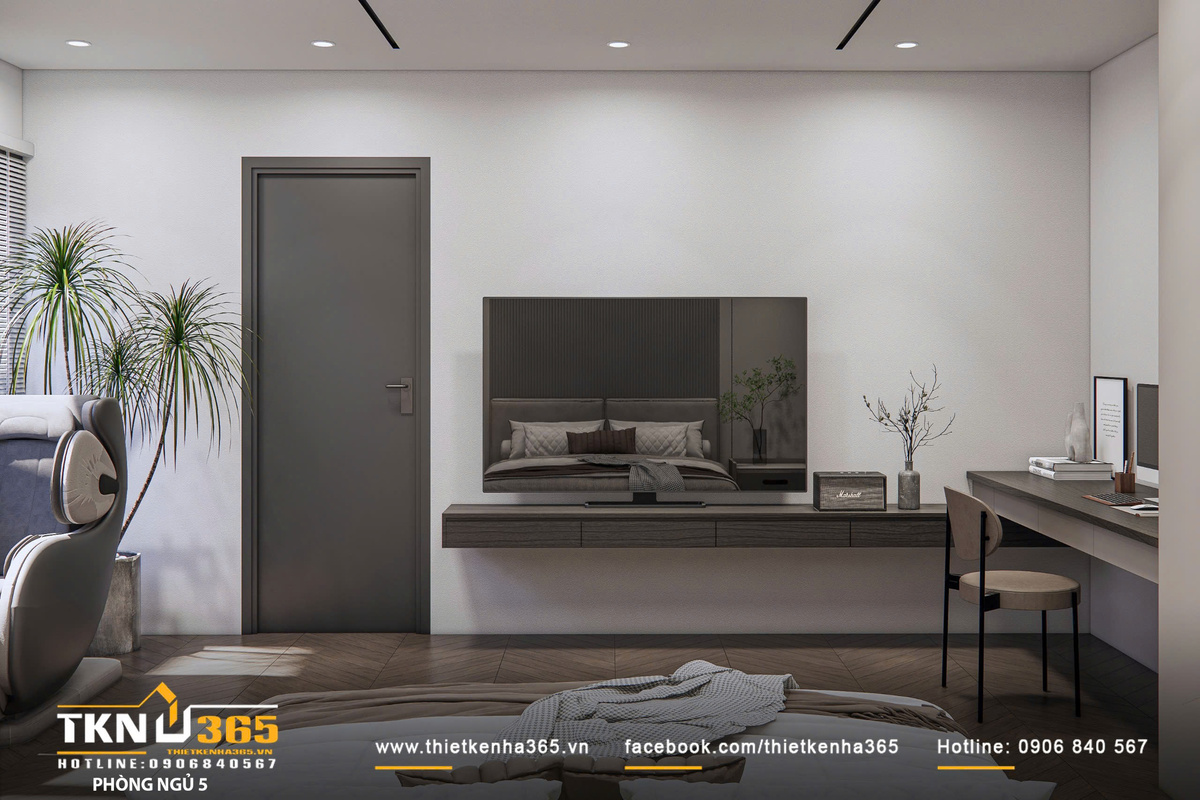Thiết kế nội thất biệt thự phố 2 tầng H’S House : Không gian sống cân bằng giữa tiện nghi và vi khí hậu 40 Kệ TV treo liền mạch với bàn làm việc, sử dụng vật liệu gỗ trầm để cân bằng lại sắc độ sáng của tường và tủ, giữ cho không gian hài hòa