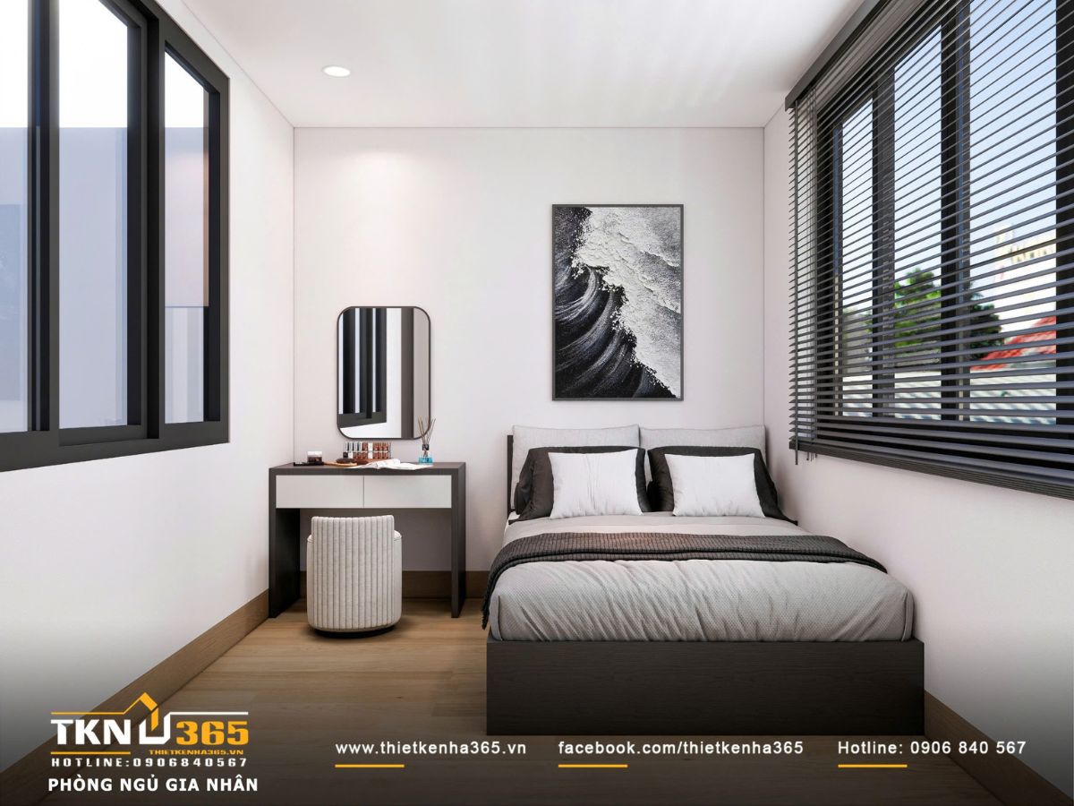 Thiết kế nội thất biệt thự phố 2 tầng H’S House : Không gian sống cân bằng giữa tiện nghi và vi khí hậu 41 Không gian phòng ngủ được tối giản về chi tiết, giường ngủ bố trí gọn gàng kết hợp bàn trang điểm nhỏ, đảm bảo đầy đủ tiện nghi trong diện tích vừa phải