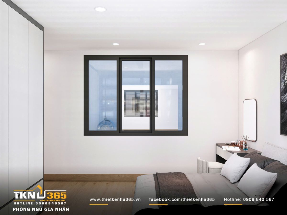 Thiết kế nội thất biệt thự phố 2 tầng H’S House : Không gian sống cân bằng giữa tiện nghi và vi khí hậu 43 Góc bàn trang điểm đặt sát tường, thiết kế nhỏ gọn với gương bo góc mềm mại, phù hợp với nhu cầu sử dụng cơ bản