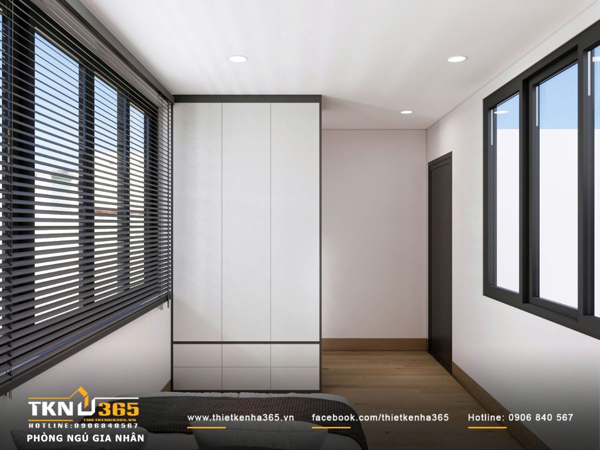 Thiết kế nội thất biệt thự phố 2 tầng H’S House : Không gian sống cân bằng giữa tiện nghi và vi khí hậu 44 Tủ quần áo cánh phẳng, tông sáng giúp không gian luôn gọn gàng và sạch sẽ, đồng thời tạo cảm giác rộng rãi hơn cho căn phòng