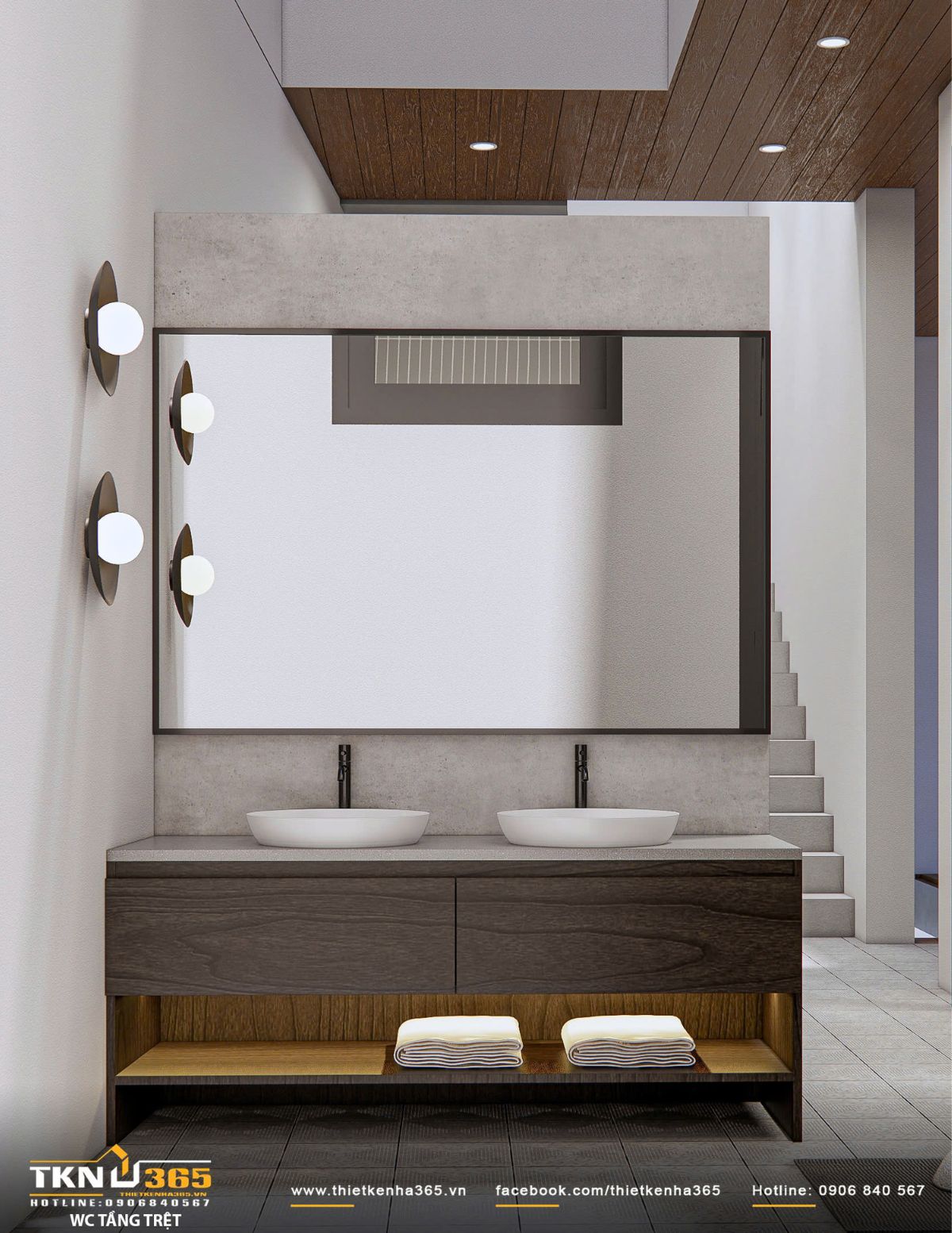Thiết kế nội thất biệt thự phố 2 tầng H’S House : Không gian sống cân bằng giữa tiện nghi và vi khí hậu 45 Khu lavabo đôi thiết kế tối giản với mặt đá sáng và tủ gỗ trầm, kết hợp gương lớn giúp mở rộng không gian và tăng hiệu quả sử dụng