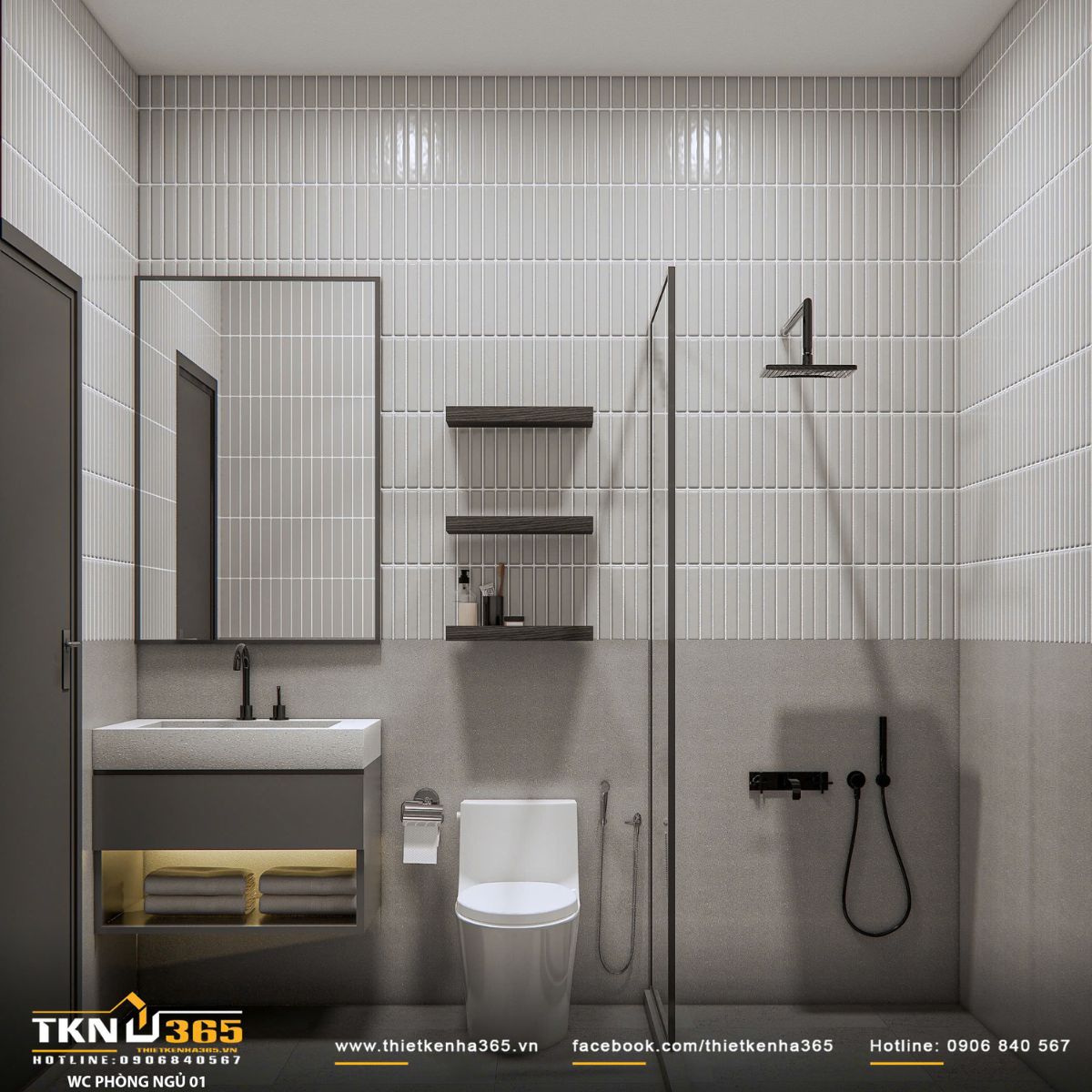 Thiết kế nội thất biệt thự phố 2 tầng H’S House : Không gian sống cân bằng giữa tiện nghi và vi khí hậu 47 Khu vệ sinh tích hợp lavabo treo và hệ kệ mở, ánh sáng hắt nhẹ bên dưới giúp tăng chiều sâu và hỗ trợ chiếu sáng gián tiếp