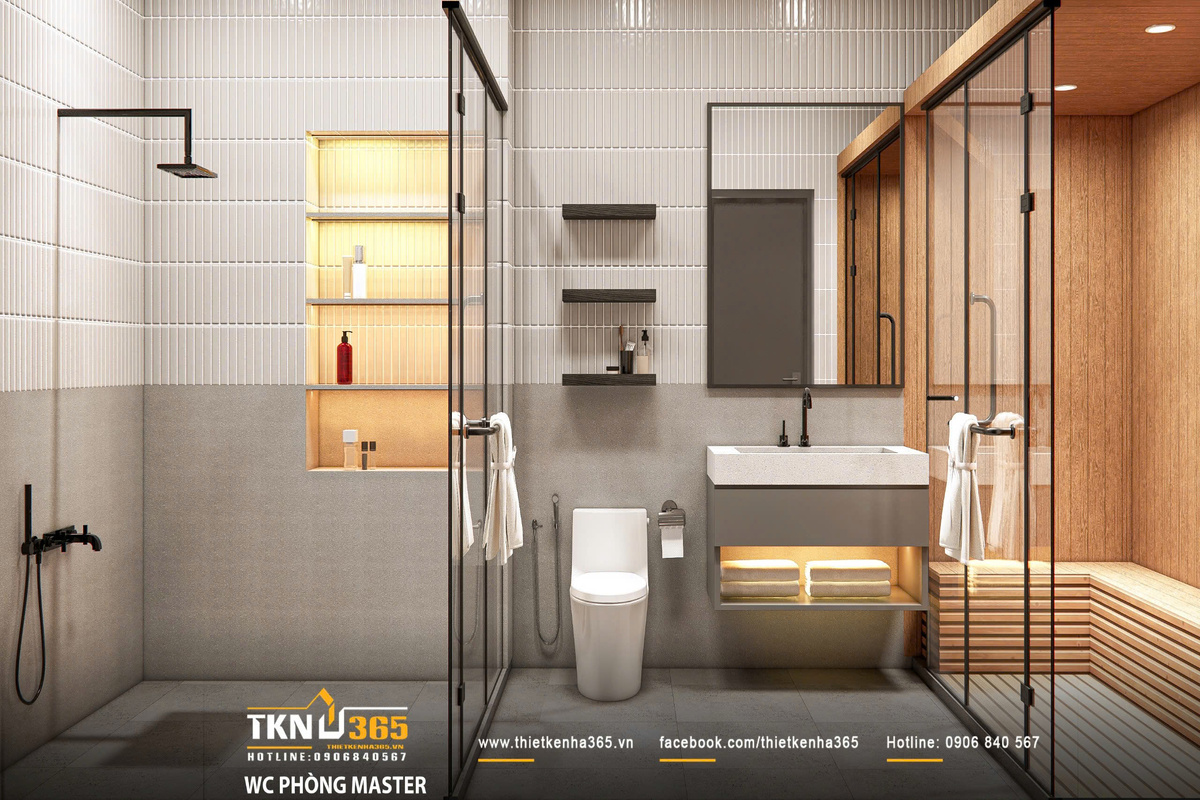 Thiết kế nội thất biệt thự phố 2 tầng H’S House : Không gian sống cân bằng giữa tiện nghi và vi khí hậu 48 Phòng tắm master nâng cao trải nghiệm với khu sauna ốp gỗ, kết hợp ánh sáng ấm tạo nên không gian thư giãn mang tính nghỉ dưỡng