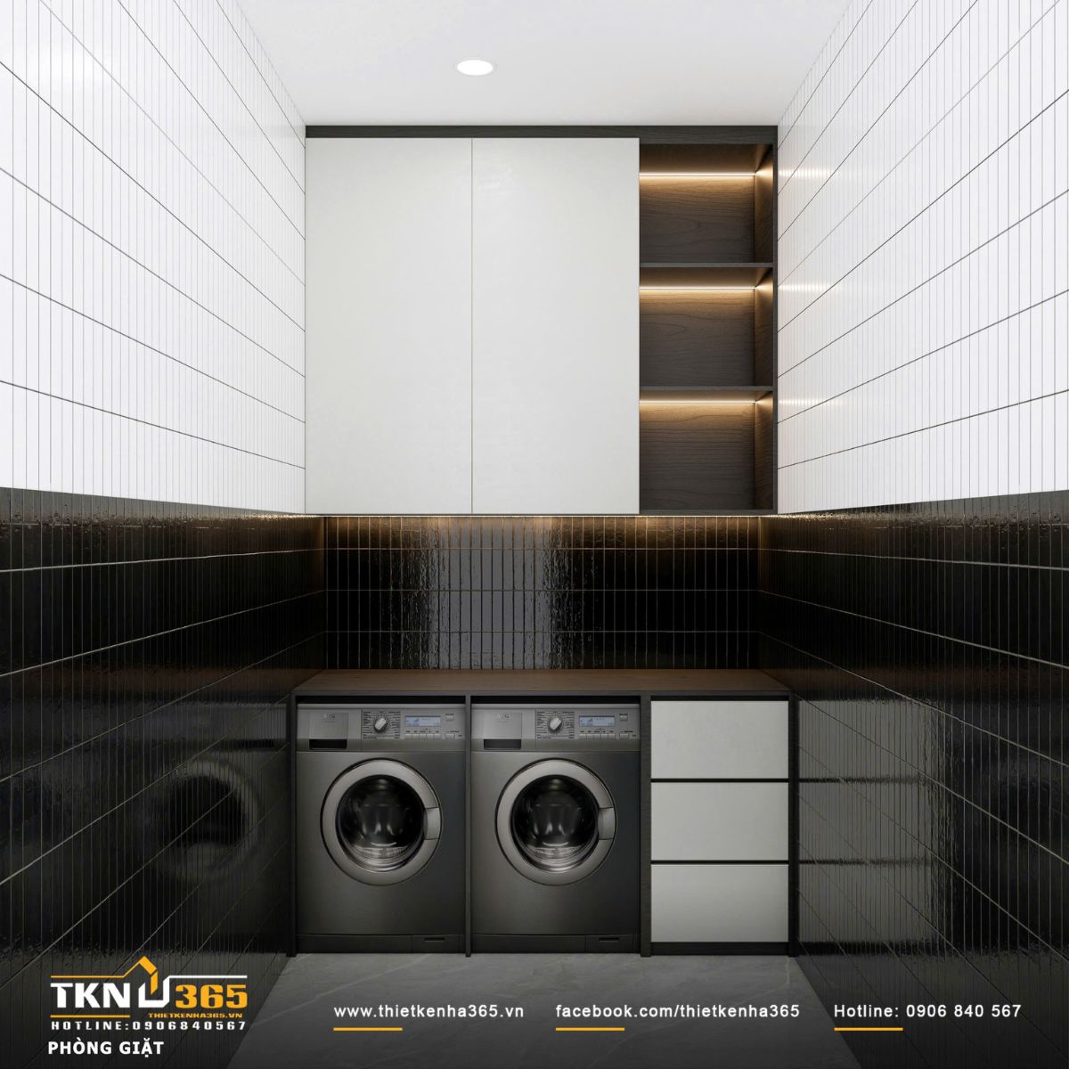Thiết kế nội thất biệt thự phố 2 tầng H’S House : Không gian sống cân bằng giữa tiện nghi và vi khí hậu 53 Sự đối lập giữa hai màu sắc đen - trắng giúp thiết kế phòng giặt thêm phần ấn tượng và thu hút