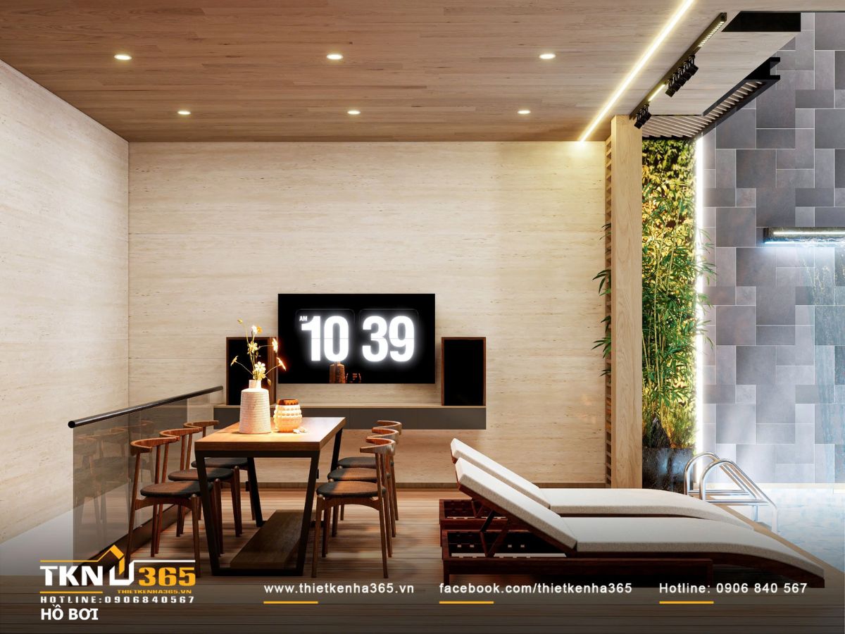 Thiết kế nội thất biệt thự phố 2 tầng H’S House : Không gian sống cân bằng giữa tiện nghi và vi khí hậu 9 Khu vực nghỉ cạnh hồ bơi duy trì bảng màu trung tính, kết hợp gỗ ngoài trời để giữ cảm giác ấm áp và thư giãn