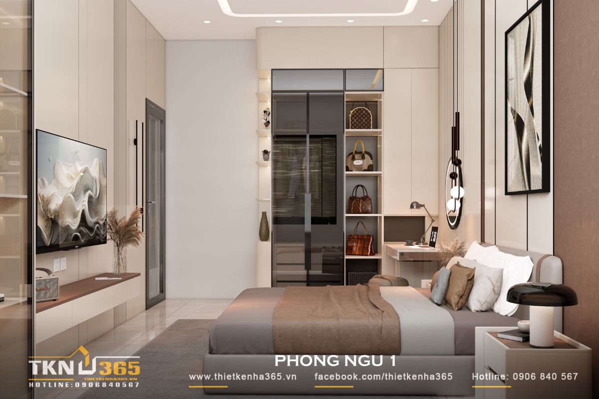 Phòng ngủ 1 bố trí theo chiều dọc căn nhà, các chức năng như ngủ - làm việc - lưu trữ sắp xếp liền mạch