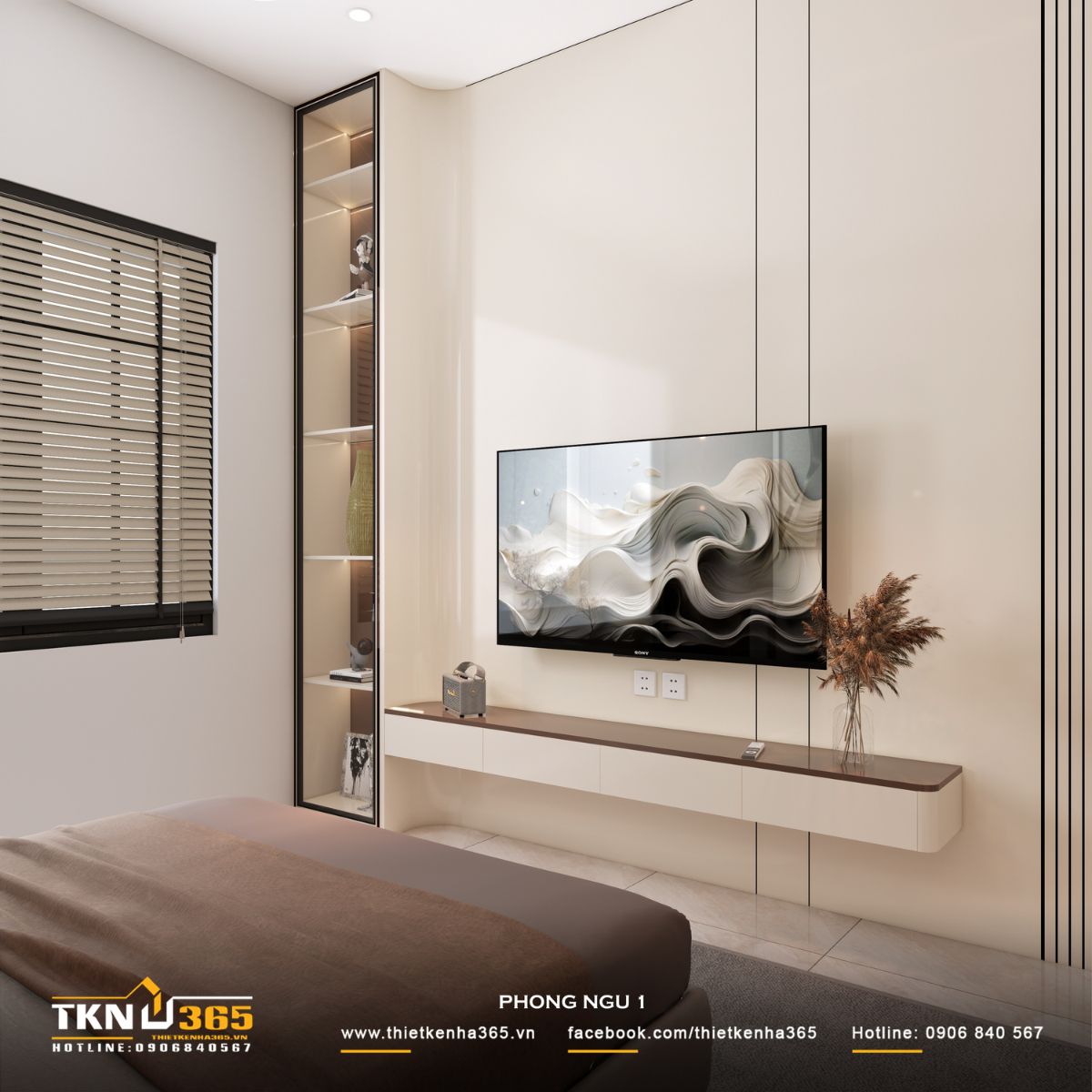 Khu vực đối diện giường ngủ được giữ gọn, tạo khoảng lùi cần thiết để mở rộng tầm nhìn, đồng thời duy trì sự thông suốt trong di chuyển