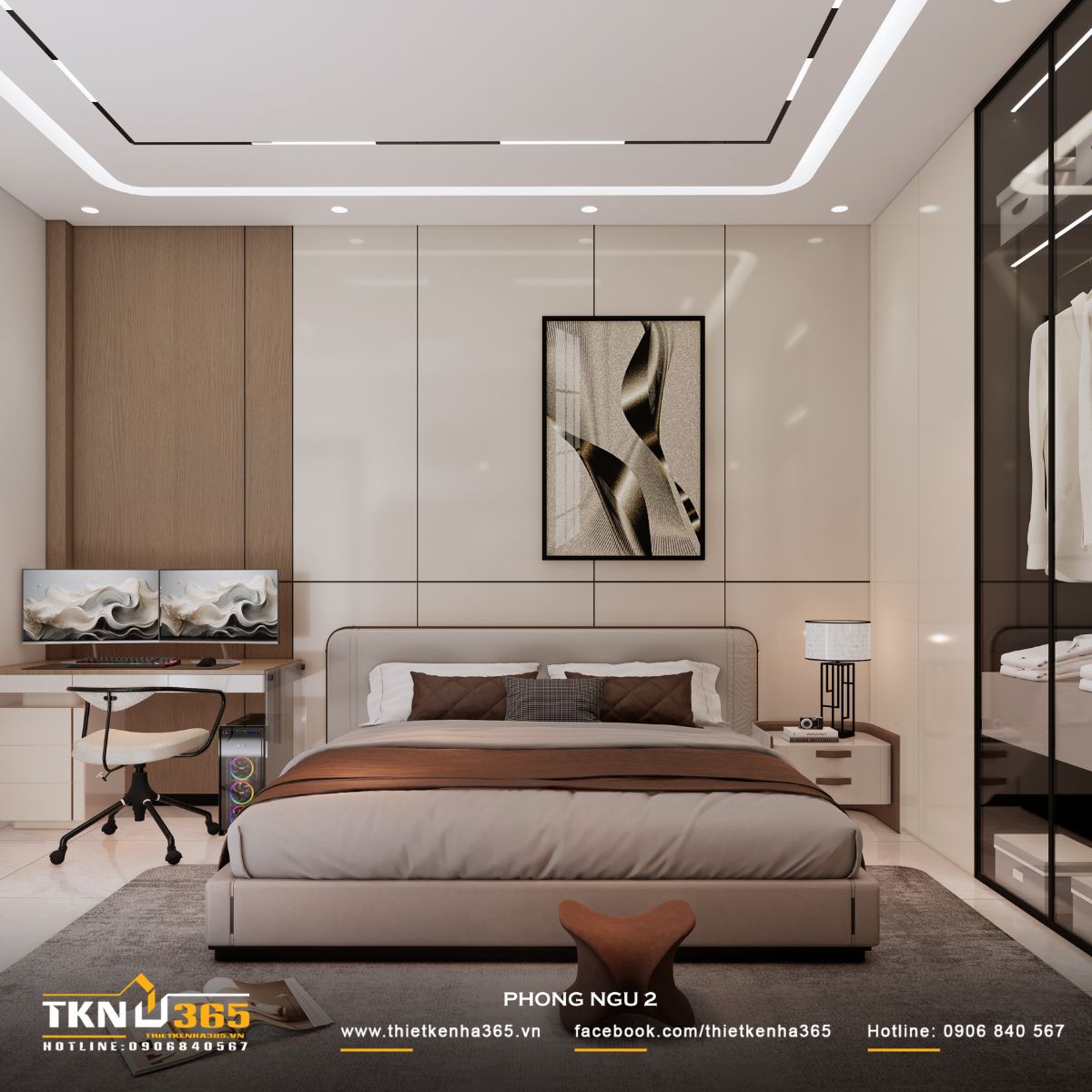 Phòng ngủ 2 có bố cục cân đối, giường đặt trung tâm, hai bên là các chức năng bổ trợ, giúp không gian rõ ràng và dễ sử dụng