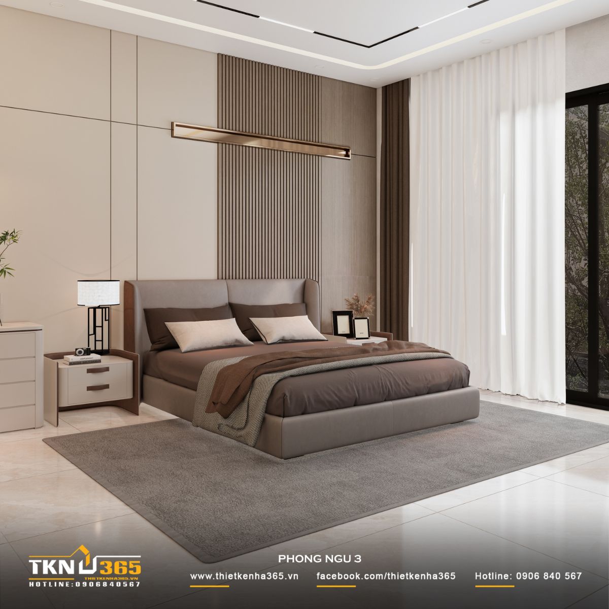 Phòng ngủ 3 mở rộng theo chiều ngang, tận dụng mảng cửa lớn để đưa ánh sáng vào sâu bên trong, tạo cảm giác thoáng và nhẹ