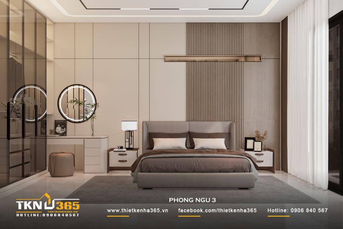 Các khu chức năng phụ như bàn trang điểm, tủ đồ bố trí dọc theo tường, giữ phần trung tâm luôn thông thoáng và dễ di chuyển