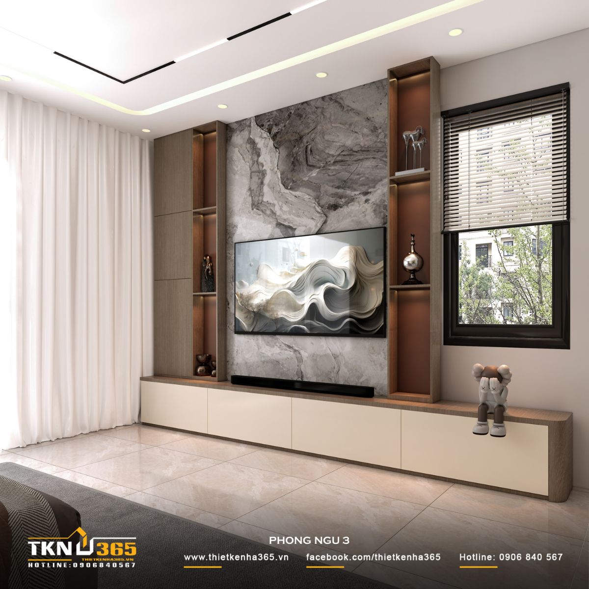 Vách tivi kết hợp với cửa sổ bên cạnh vừa đảm bảo công năng vừa tăng sự kết nối với bên ngoài