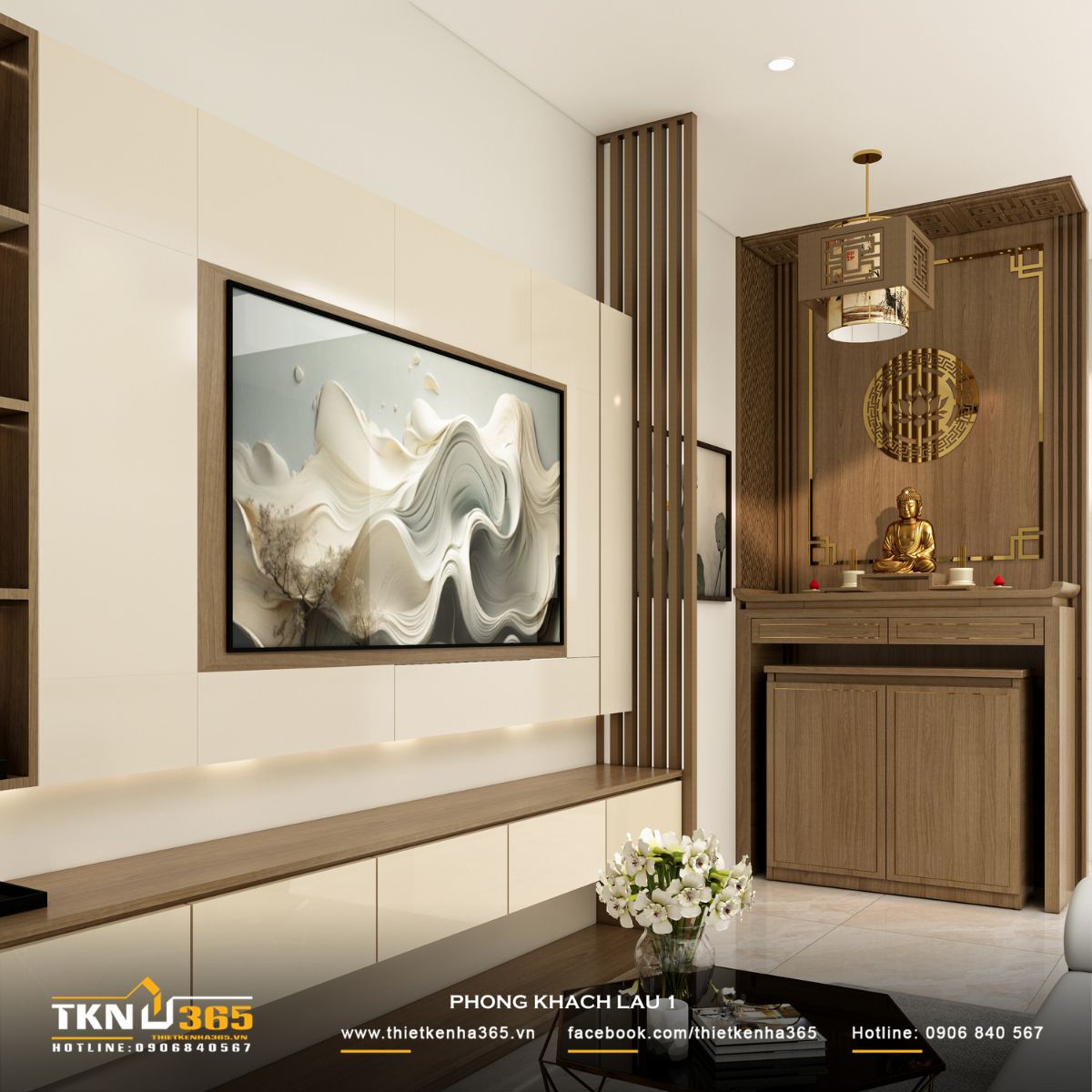 Khu vực phòng khách tầng trên tiếp tục duy trì ngôn ngữ tối giản với các mảng tường phẳng lớn kết hợp chi tiết gỗ, ánh sáng hắt và hệ vách ngăn, tạo nên sự chuyển tiếp nhẹ nhàng giữa các khu chức năng