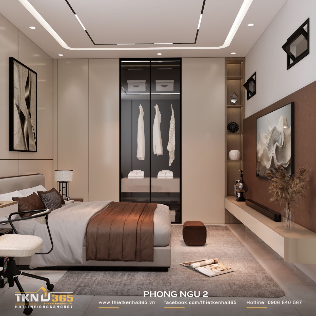 Hệ tủ cánh kính kết hợp khung tối màu và ánh sáng LED giúp tăng chiều sâu thị giác, đồng thời làm nhẹ tổng thể nhờ sự trong suốt của vật liệu