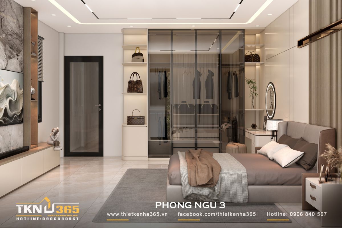 Các mảng tường phẳng kết hợp gỗ ốp và chi tiết trang trí tối giản tạo nên nền không gian liền mạch