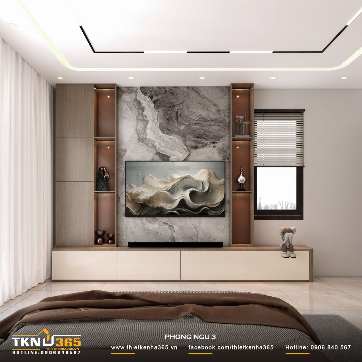 Sự kết hợp giữa gỗ, đá vân nhẹ và ánh sáng hắt giúp cân bằng giữa độ ấm và sự sáng thoáng, giữ cho không gian luôn nhẹ và dễ chịu
