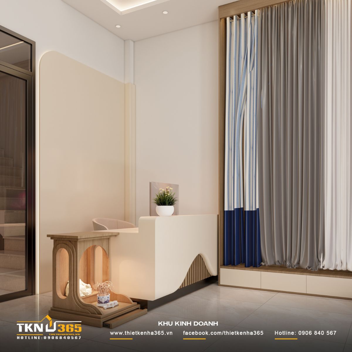 Những đường cong nhẹ nhàng xuất hiện trên đồ dùng nội thất tạo điểm nhấn mềm mại cho khu vực kinh doanh