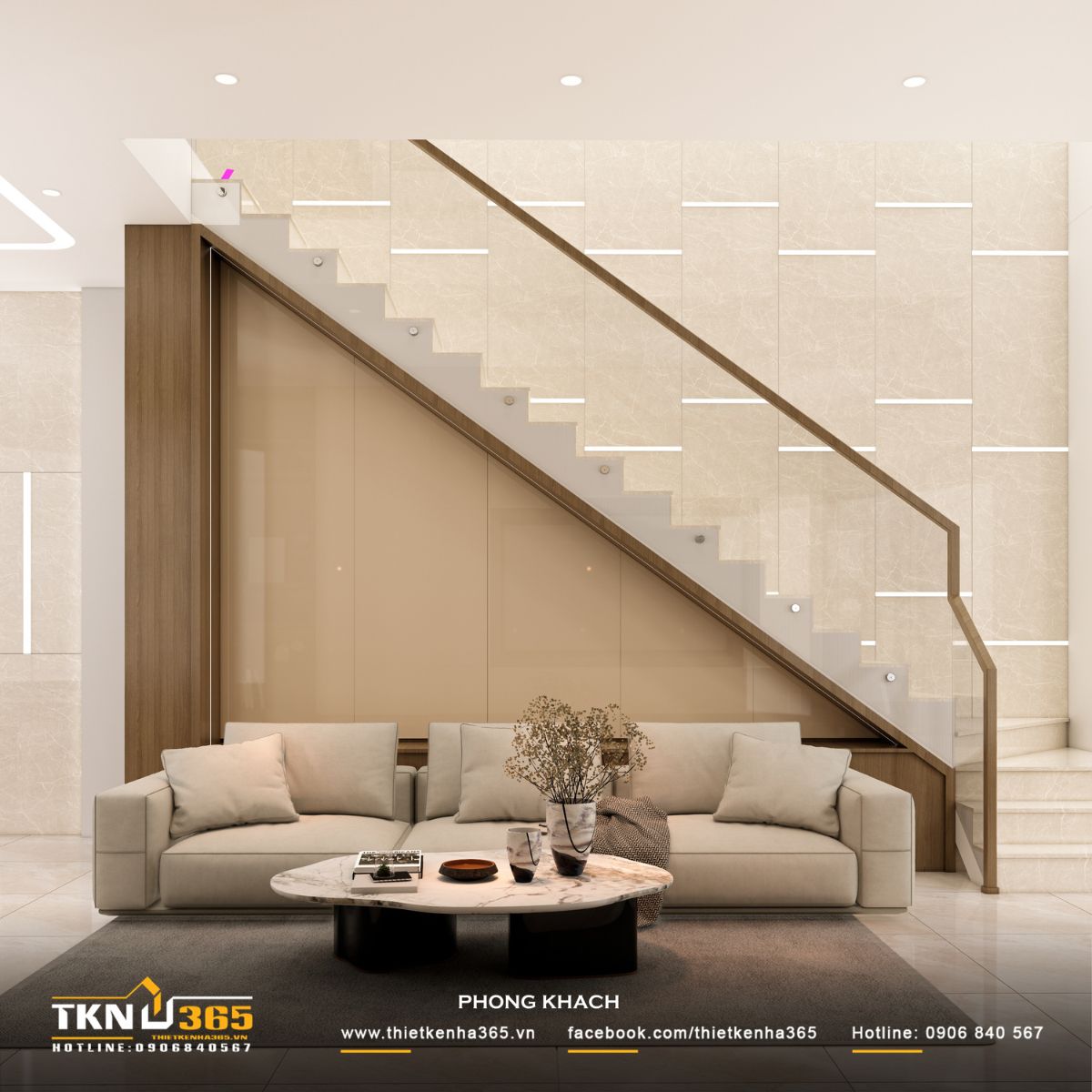 Khu vực phòng khách đặt liền kề cầu thang, tận dụng khoảng dưới thang để tổ chức không gian gọn gàng, giúp dòng di chuyển diễn ra liên tục và rõ ràng