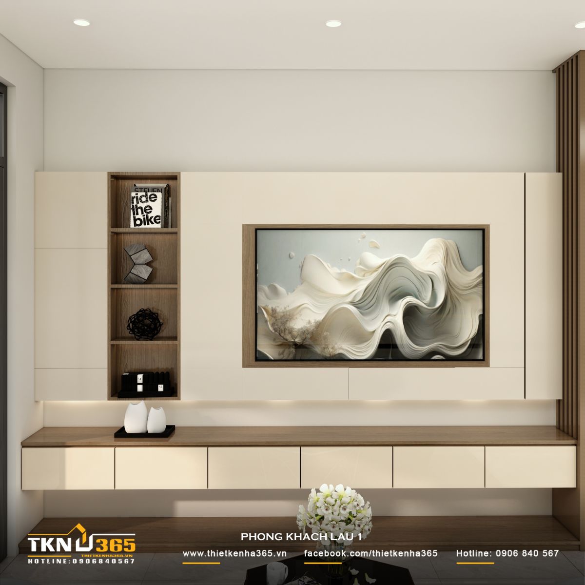 Hệ kệ và vách tivi bố trí theo trục ngang, tạo điểm dừng thị giác nhẹ nhàng trước khi chuyển tiếp sang khu vực phía sau