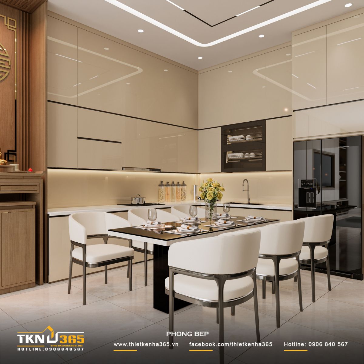 Không gian bếp - ăn tổ chức mở, bàn ăn đặt ở vị trí trung tâm, đóng vai trò liên kết giữa khu bếp và các khu vực sinh hoạt khác
