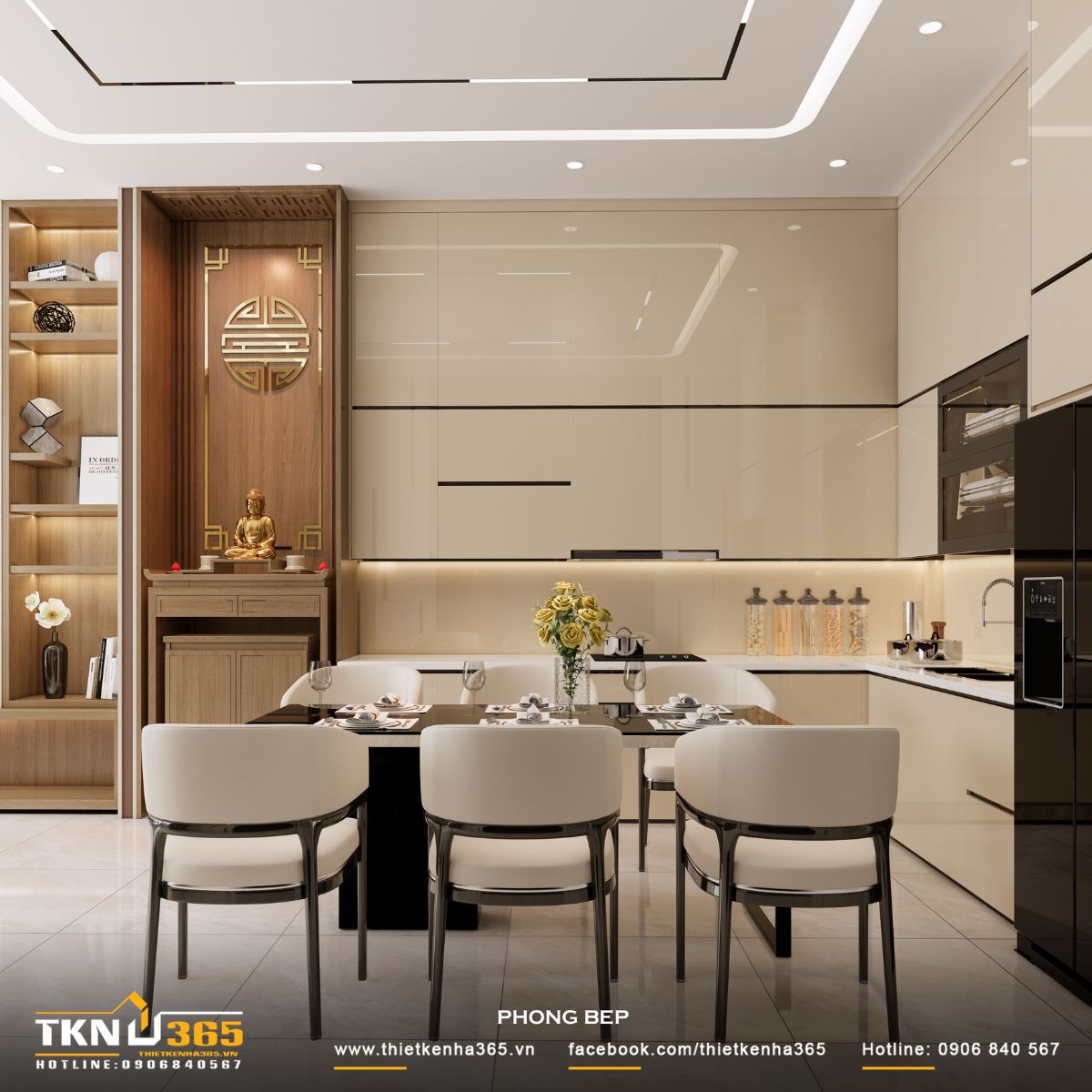 Khu bếp sắp xếp theo dạng liền khối, kết hợp với bàn ăn phía trước, tạo nên một chuỗi sử dụng liên tục và thuận tiện trong sinh hoạt hàng ngày