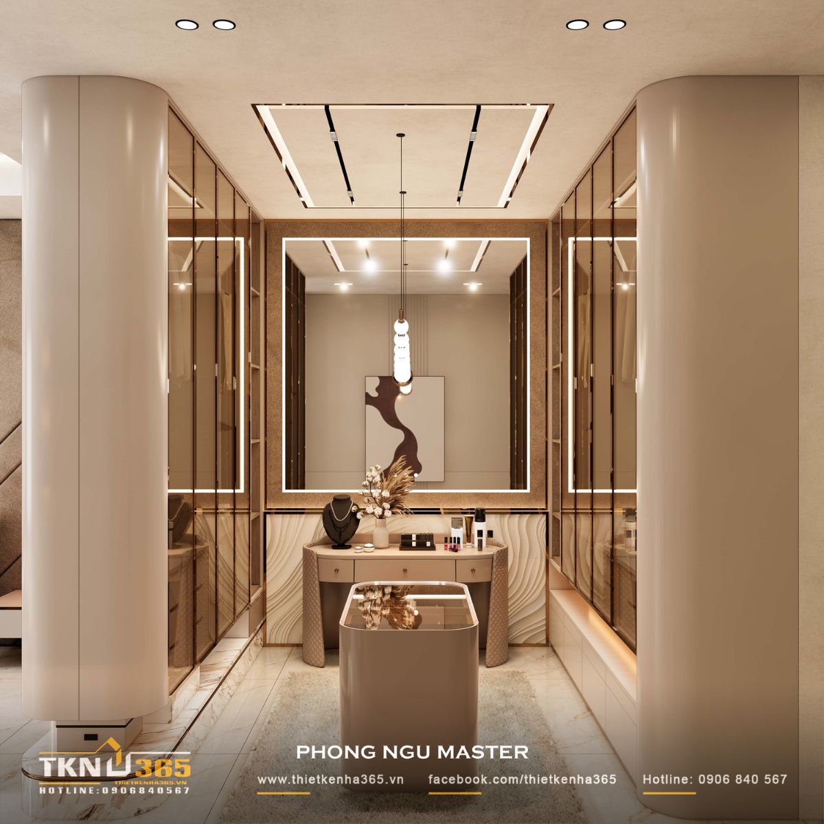 Khu thay đồ và bàn trang điểm thiết kế ấn tượng, tủ kính khung kim loại và đảo trung tâm tạo trải nghiệm tinh tế, chỉn chu